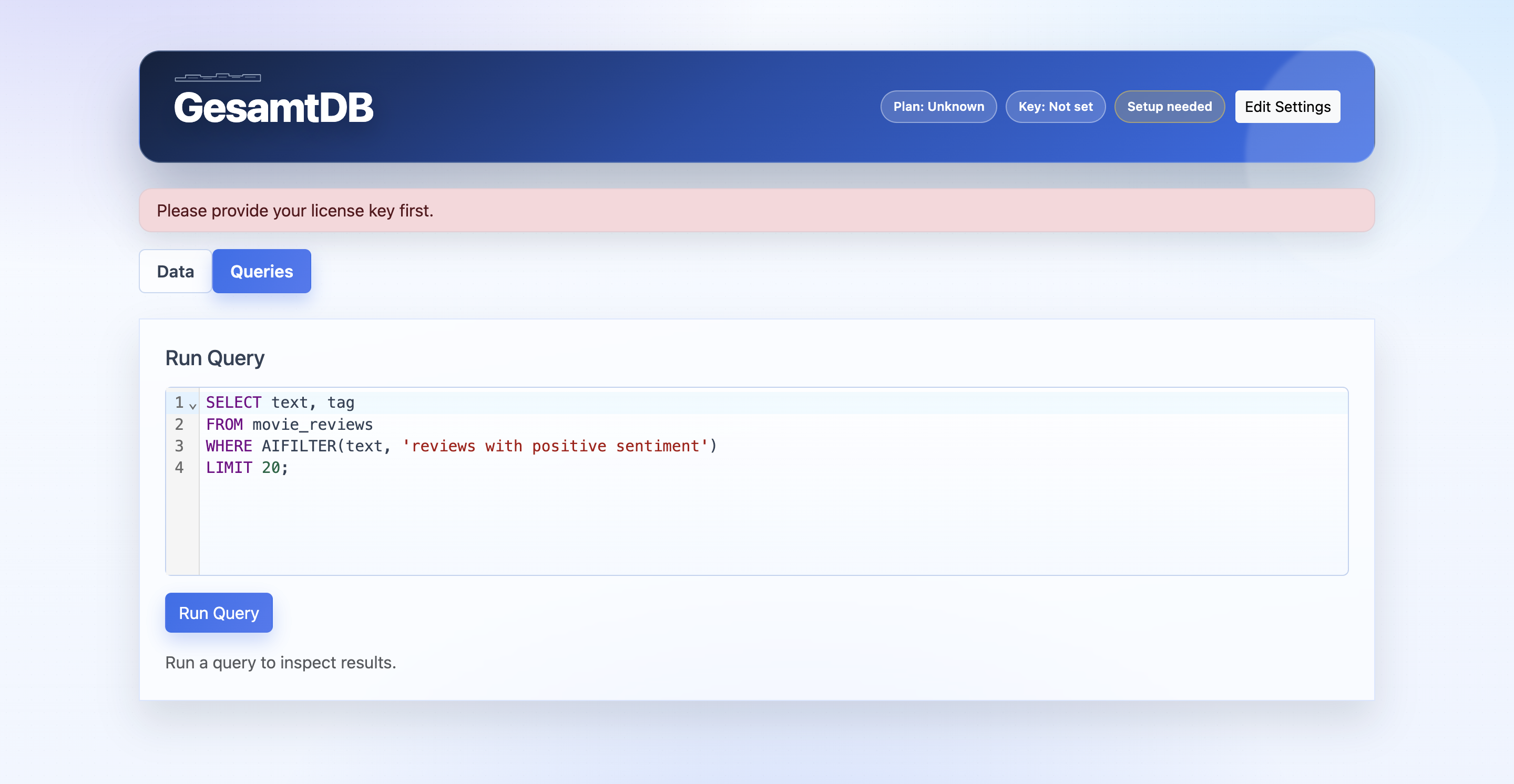 GesamtDB query tab with SQL editor and run button