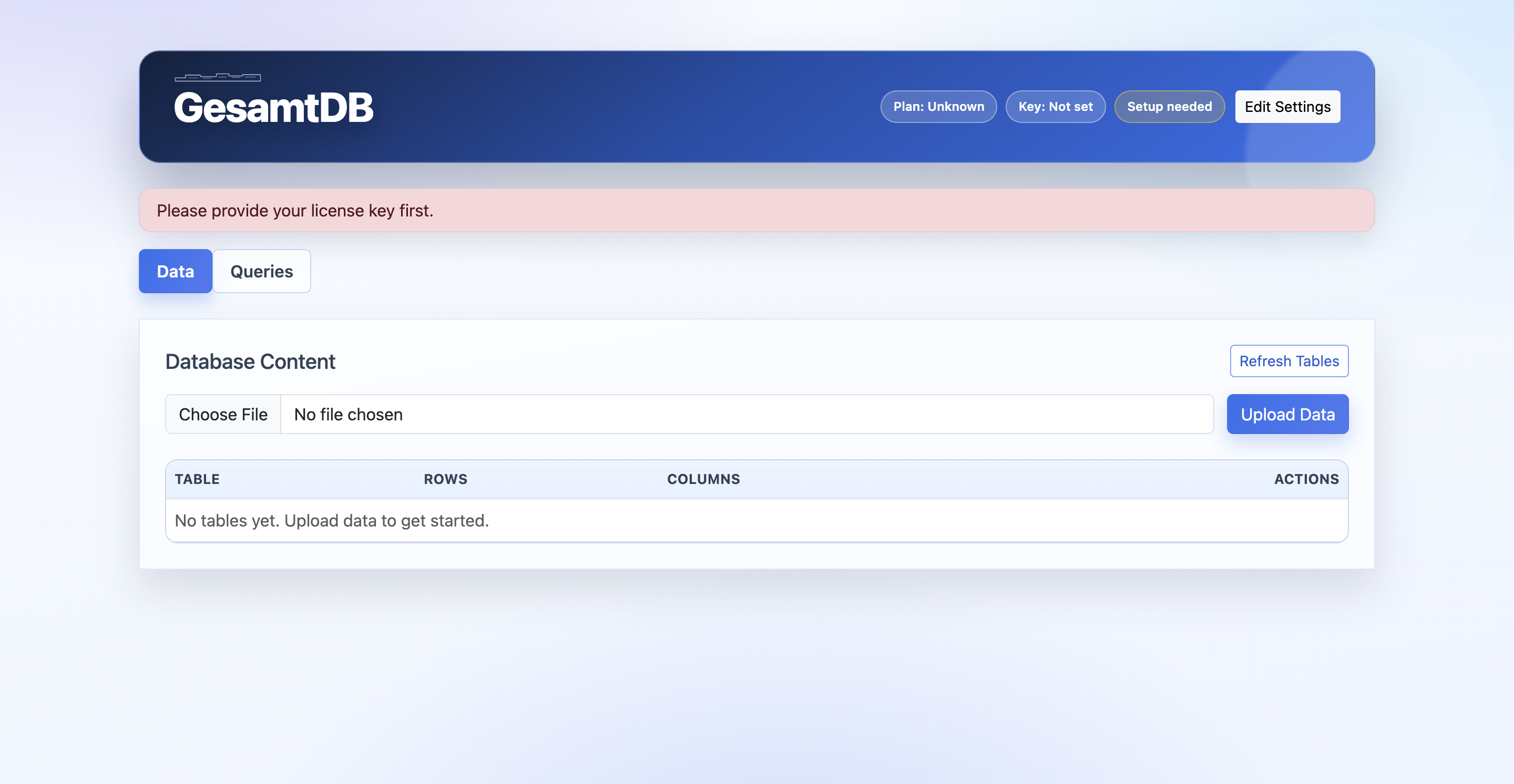 GesamtDB data tab with file chooser and upload button